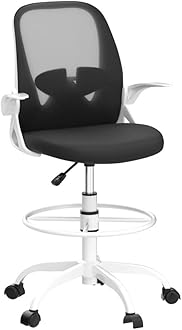Primy Drafting Chair Tall Office Chair with Flip-up Armrests Executive Ergonomic Computer Standing Desk Chair with Lumbar Support and Adjustable Footrest Ring(White)
