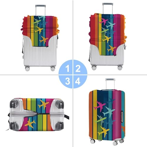 Image of Colorful Airplane Pattern Luggage Cover - Multicolor Stripe Travel Suitcase Protector with Fun Flight Design - Fits 28 to 30 Inch Luggage,L