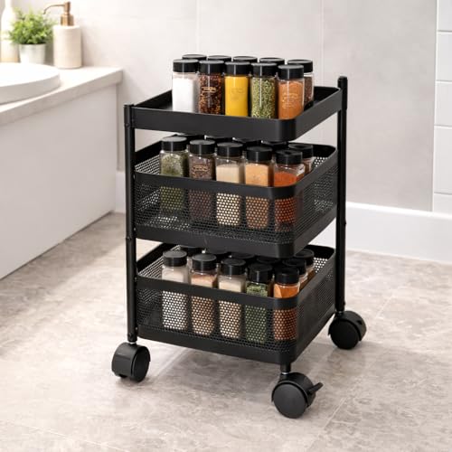 Image of RADIANT 2 Layer Multipurpose Plastic Trolley with Dish Rack for Kitchen Fruit Vegetable Storage Basket Kitchenware Food, Snacks, Toys, Tiered Shelf (Black) (Square Trolley - 2 Layer)