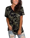LAISHEN Women's Basic V Neck Button Shorts Sleeve Camo T Shirts Summer Casual Loose Tee Tunic Tops(C