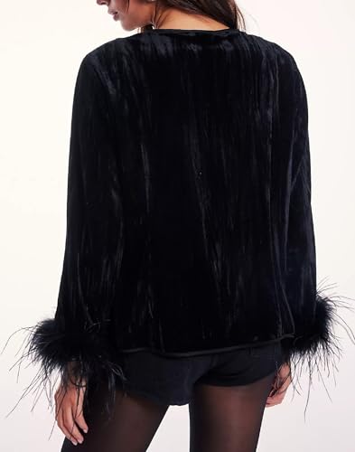 Women Velvet Fur Trim Button Up Shirts Long Sleeve Feather Patchwork Open Front Tops Trendy Holiday Jacket Outwear4