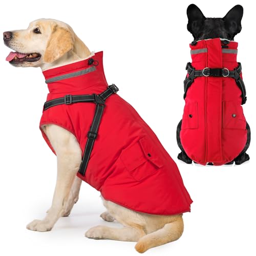 Image of Dogcheer Dog Coat with Harness, Waterproof Warm Dog Winter Jacket with Pockets, Reflective Pet Fleece Jacket Turtleneck Snowsuit for Small Medium Large Dogs - Red, XS