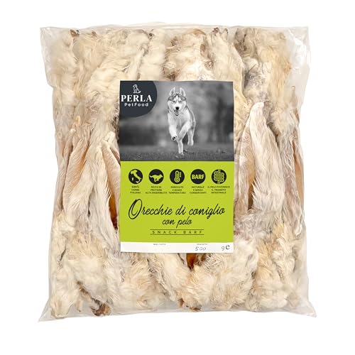 Perla PetFood - Snack per cani - Orecchie di coniglio con pelo - Alimento naturale carne essiccata 100% italiana senza conservanti - Alto contenuto di proteine - Snack BARF 500 gr