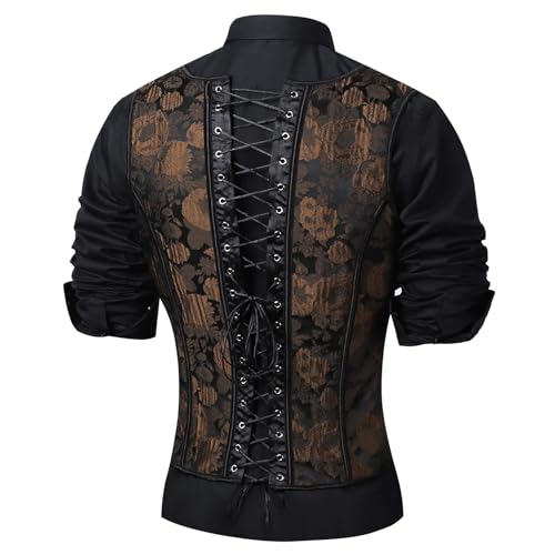 Men Corset Vest Dress Waistcoat Vintage Brown Print Lace Up Bones Waist Trainer 6 Buckles Tight Tops Party Stage2