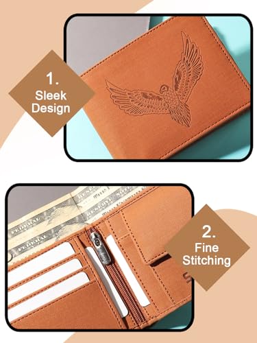 Image of SAMTROH Vegan Leather Wallet for Men | Vintage Printed | Premium Vegan Leather Craftsmanship | 3 Card Slots I 2 Cash Compartments & Secret Slots | 1 Coin Pocket. (Eagle, Tan)