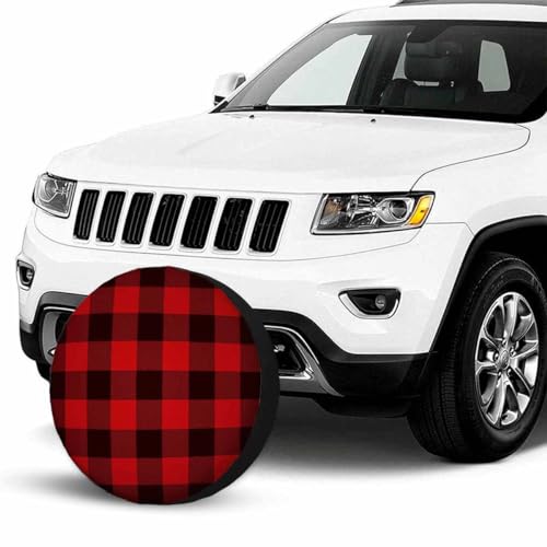 Image of Lumberjack Plaid Pattern Spare Tire Cover 15 inch Wheel Red Black Plaid Mesh Regular Repeat Squares Classic Protectors Weatherproof Universal for Trailer Tire Cover Rv SUV Truck Camper Travel Trailer