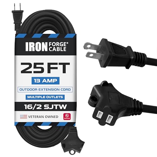 Iron Forge Cable 2 Prong Outdoor Extension Cord 25 ft with 2 Outlets - 16/2 SJTW 13 Amp 10ft Black Extension Cord with Multiple Outlets - 16 Gauge Heavy Duty for Outside