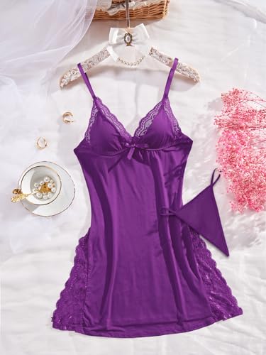 Image of Foxiny Sexy Split Side Floral Lace Trim Full Slip Night Gown Babydoll Lingerie Dress with Thong 2 piece