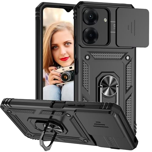 POUHYE Handyhülle für Xiaomi Redmi 13C / Poco C65 Hülle [ Slide Camera] Hybrid Militärqualität Stoßfest Bumper Outdoor Handyhülle mit 360 Drehbarer Metall Ring Ständer Schutzhülle Case Schwarz