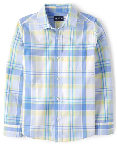 La Mejor Selección de Camisas para Niño los mejores 5. 46 The Children's Place - Camisas de Manga Larga con Botones para niño, Cuadros Azules y Amarillos, Large