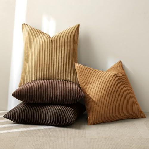 Image of MIULEE Boho Farmhouse Throw Pillow Covers 20x20 Inch Set of 4 Rustic Mordern Neutral Cushion Covers Soft Corduroy Nordic Home Decor for Couch Bed Sofa Living Room Camel Brown
