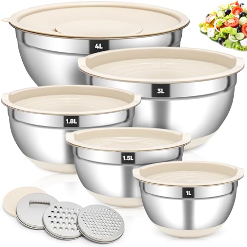 Fire More Set de 5 Saladier avec Couvercle, 4L/3L/1,8L/1,5L/1L Saladier en acier inoxydable, Cul de Poule Inox avec Hermétiques & 3 Râpeurs, BAntidérapants...
