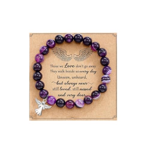 COLORFUL BLING Angel Natural Stone Beaded Strand Adjustable Bracelet with Meaningful Card Inspirational for Women Jewelry Gifts Wristbands Faith Memorial Sympathy Religious
