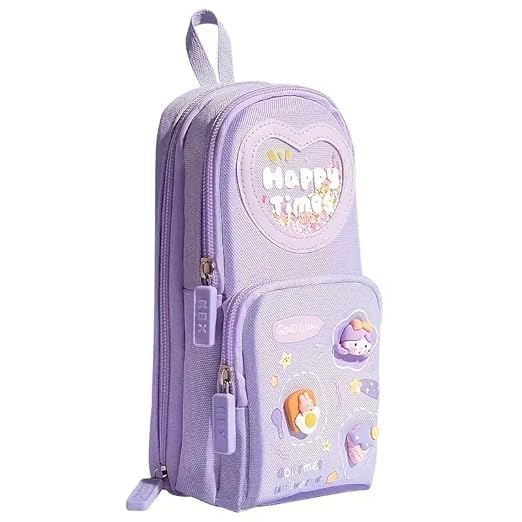 Image of Invite Enterprise Three Layer School Bag-Shaped Pencil Pouch, Large-Capacity Pencil Pouch with Zipper, Multipurpose Pen & Pencil Case for School Supplies for Boys & Girls (Purple - Girl Pouch)