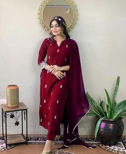 Image of Women Premium Collection Rayon Embroidered Straight Kurta Pant Dupatta Festive Ethnic Apparel Set