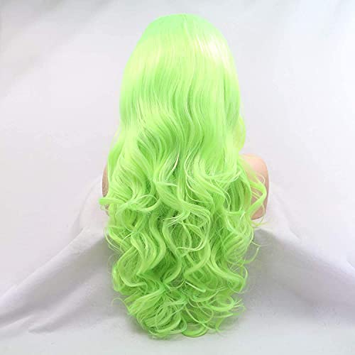 xiweiya Neon Green Wave Real Hair Wig Fluorescent Green Handmade Synthetic Lace Front Wigs for Women Long Body Wave Preplucked Hairline Replacement for Cosplay Party 24inch - Image 4