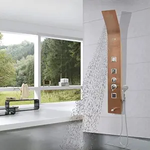 JAAZ | Imperial Rose Gold Shower Panel Tower System | 3 Body Jets, Tub Spout & Hand Shower with 3 Modes | Adjustable Knobs | Bathroom Shower Set