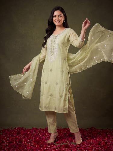 Image of INDO ERA Women's Silk Blend Straight Kurta with Pant & Dupatta Set