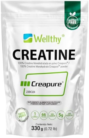 Wellthy Creapure® Creatine Monohydrate 330 gr. 100% Pure. Only 1 Ingredient Creapure® German Creatine. Vegan, Sugar Free, 66 Servings, 5g Per Serving, Includes Scoop. Pure. Proven. Perfect.