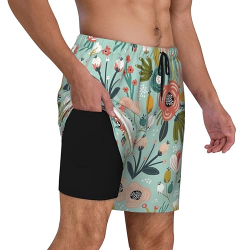 Men's Colorful Flora Print Quick-Dry Mesh Swim Trunks Stretch Lining Beach Shorts Surfing Summer Vacations