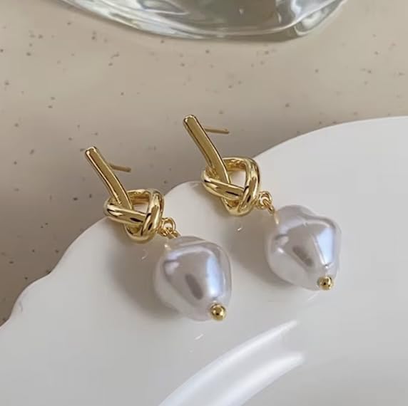 14K Gold Plated Knot Pearl Drop Earrings for Women Elegant Baroque Freshwater Pearl Design Dangle Earrings, Minimalist Gold Twist Design, Lightweight Statement Jewelry for Long Wear, Dainty Chic Classy and Classic4