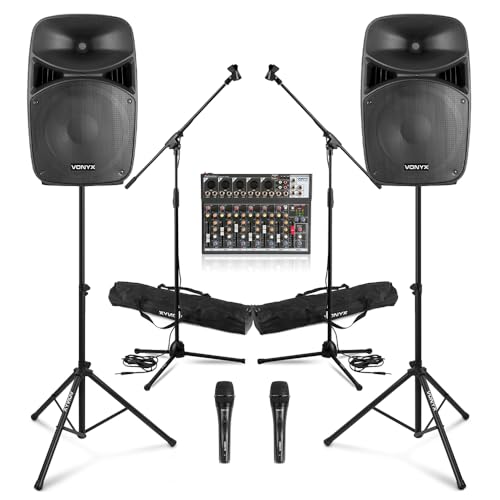 Complete PA System Package for Small Band & Vocalist with 15 Active Speakers, Mixer, 2 Mics, Stands, Bluetooth, LED Lights for Live Performance & Events
