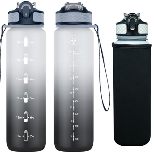 NAVTUE Trinkflasche, 1L Sport-Wasserflasche mit Strohhalm, Zeitmarkierungen, auslaufsicher, BPA-freiTritan, Wasserflasche für Schule Radfahren Laufen (1 Flasche)