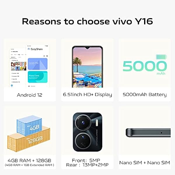 vivo [2022] Y16 Smartphone 4 GB de RAM 128 GB de ROM, Gran Pantalla HD de 6,51 Pulgadas, batería de 5000 mAh, teléfono con Android 12, cámara Dual de 13 MP, Doble SIM, Doble Modo de Espera