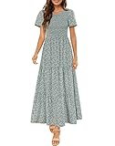 Maggeer Womens 2024 Summer Spring Wedding Guest Dresses Boho Maternity Baby Shower Easter Smocked Floral Maxi Dress with Sleeves Dusty Blue S