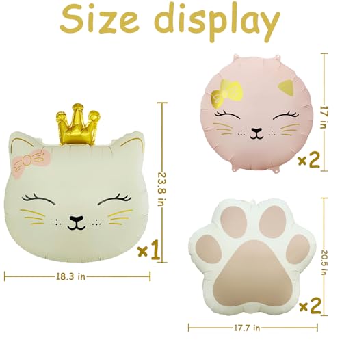 Image of 5Pcs Cat Head Foil Balloon | Cute Crown Kitten,Kitty Paw,Birthday Party Supplies(Cream White,Pink)