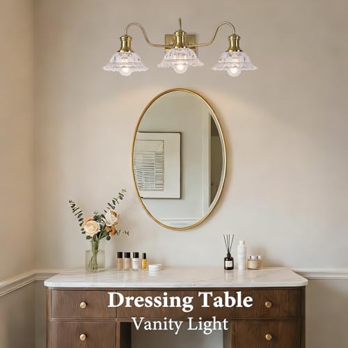 Image of Champagne Gold Vanity Lights, 3-Light Bathroom Light Fixtures with Clear Glass Shade, Vintage Vanity Lights Over Mirror, Farmhouse Wall Light for Bathroom, Vanity Table, Bedroom, Hallway