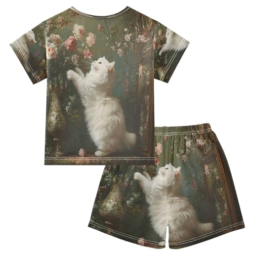 ALAZA Cat Play Flower Blossom Pajamas Set Short Sleeve Cotton Sleepwear Summer Pjs 2 Piece 5-14Y2