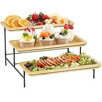 Lifewit Etagere 3 Etagen, Bambus Servierplatte 30 x 17 cm/12x 6.5, Serviertablett mit Schwarzer Metallständer für Party Buffet Zubehör, Große Tabletts Displayständer für Gemüse Obst Desserts, Schwarz