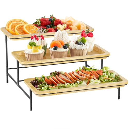 Lifewit 3 Tiered Serving Platter, 12 Inch Bamboo Trays for Food Serving, Reusable Snack Tray with Removable Metal Stand, Display Stand for Fruit, Cookies, Dessert,Cake, Natural and Black