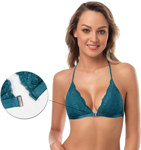 Image of SHEKINI Women's Embroidered Triangle Bra Front Closure Plunge Wireless Lightly Lined Lace Bralette Top