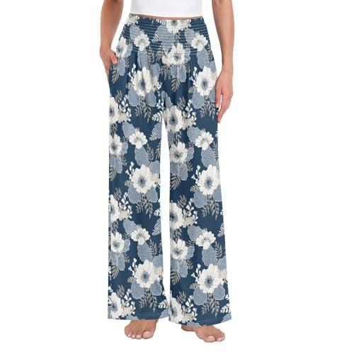 Pantalon large femme taille haute à poches style boho chic imprimé blanc et bleu marine