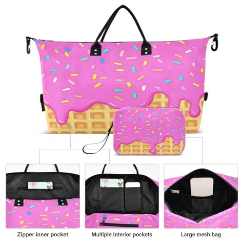Funny Waffle Ice Cream Travel Duffle Bag Gym Bag Weekender Bags with Toiletry Bag Travel Trip Tote Bag2