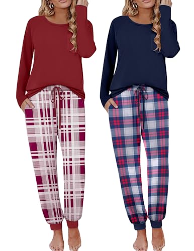 Image of Ekouaer 2 Pack Womens Pajama Sets Long Sleeve Pjs Soft Comfy Lounge Set