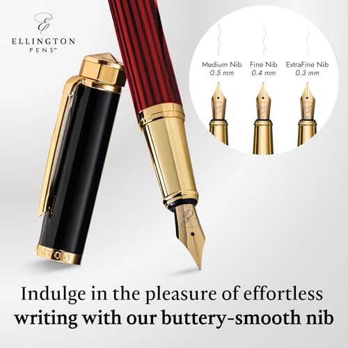 Image of Ellington Pens Luxury Fountain Pen Set - Extra Fine Nib - Includes 3 Ink Cartridges, Refillable Ink Converter, Gift Box-Fountain Pens For Writing, Calligraphy, Journaling, Sketching (Crimson Blend)