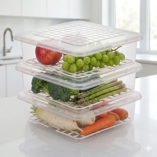 Image of Shuttle Art 2Pack Fridge Storage Containers with Drain Tray-Lid,2500ML BPAFree Refrigerator Organizer Boxes,Stackable Food Storage Containers for Fruits,Vegetables,Fish,Meat,Freezer Organizer Baskets