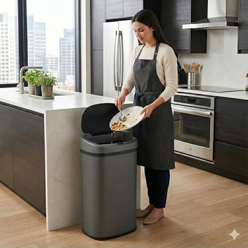 Image of SensorCan 13 Gallon Automatic Sensor Trash Can with Lid, AC Adapter Included, AbsorbX Odor Control, Gunmetal Gray Stainless Steel Kitchen Garbage Bin, Fingerprint-Proof, Hands-Free Operation, Oval