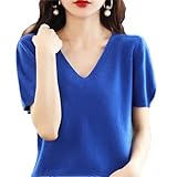 Camiseta de manga corta con cuello en V para mujer, suéter de color liso, Klein Azul, XL