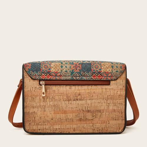 Cork - Textured PU Crossbody Bag Floral Patchwork Boxy Messenger Bag Retro Ethnic Print Shoulder Purse3