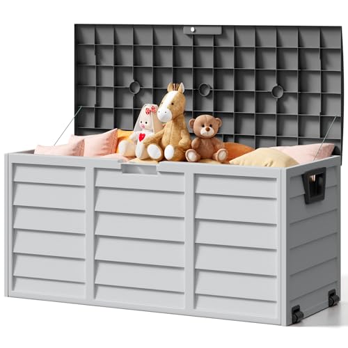 The Fellie Garden Storage Box with Wheels, 290L Lockable Garden Storage Boxes Waterproof, Plastic Outside Storage Box for Gardening Tools, Cushions, Toys, 112x49x54cm, Light Grey