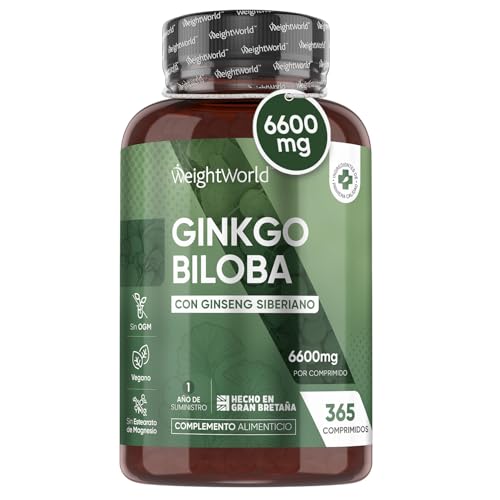 Ginkgo Biloba 6600 mg - 365 Comprimidos con Ginseng Siberiano de Alta Concentración 50:1 - Fuente Natural de Antioxidantes con 30 mg Flavonoides y 7.2 mg Terpenos - Para 1 Año, Vegano y Sin Gluten