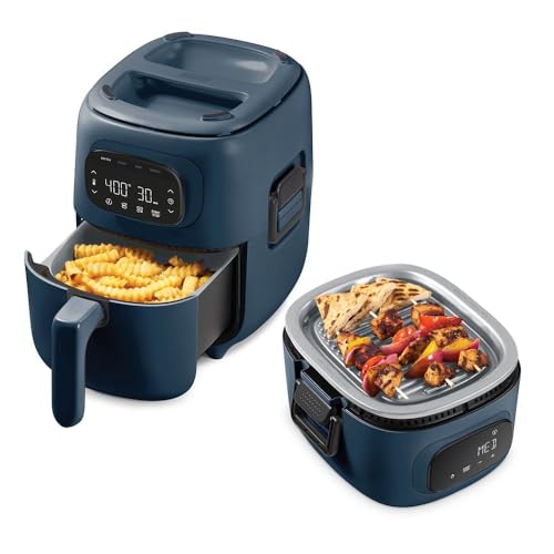 Dash Flip & Fry™ Digital 2-in-1 Grill + Air Fryer with 4 functions, 3 Qt Capacity, Air fryer & Indoor Grill for fries, wings, burgers and more - Navy
