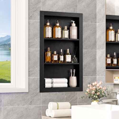 Kynlynly 14x24'' Recessed Medicine Cabinet, Medicine Cabinet No Mirror, Soild Wood Recessed Wall Niche with 3-Tiers Shelves for Living Room, Bathroom Storage