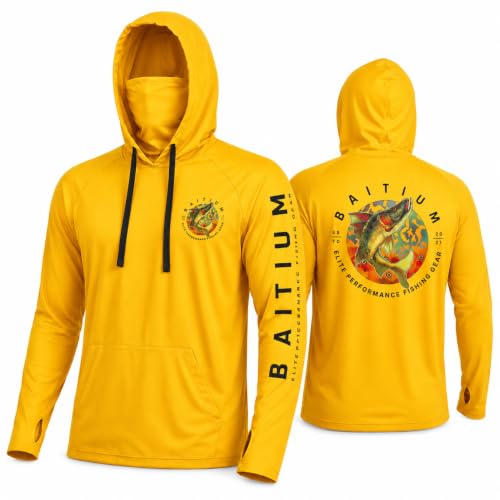 Baitium Fishing Shirts for Men,UPF50 Hooded Long Sleeve with Gaiter, Sun Protection Dry Fit Apparel, Cooling Moisture Wicking with Face Mask, Fishing Clothes for Men - Salmon (X-Small, Yellow)