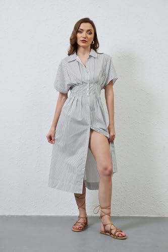 Image of MSBESYOR Women Button Front Pleated Shirt Maxi Dress Summer Striped Prints Short Sleeve Collar Casual Long Dresses