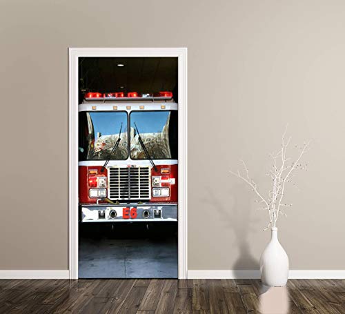 3D Door Decal Fire Truck Reflection 2 Door Stickers Removable Adhesive Pvc Door Wall Mural Door Wallpaper Door Art For Home Decor 30.3" W X 78.7" H #TOP3
